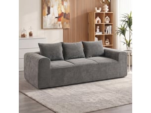 Canapé design arrondi 3 places larges accoudoirs 3 coussins tissu chenille gris