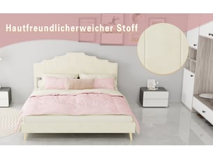 Lit 160x200 cm tête de lit géométrique, métal, beige sans matelas