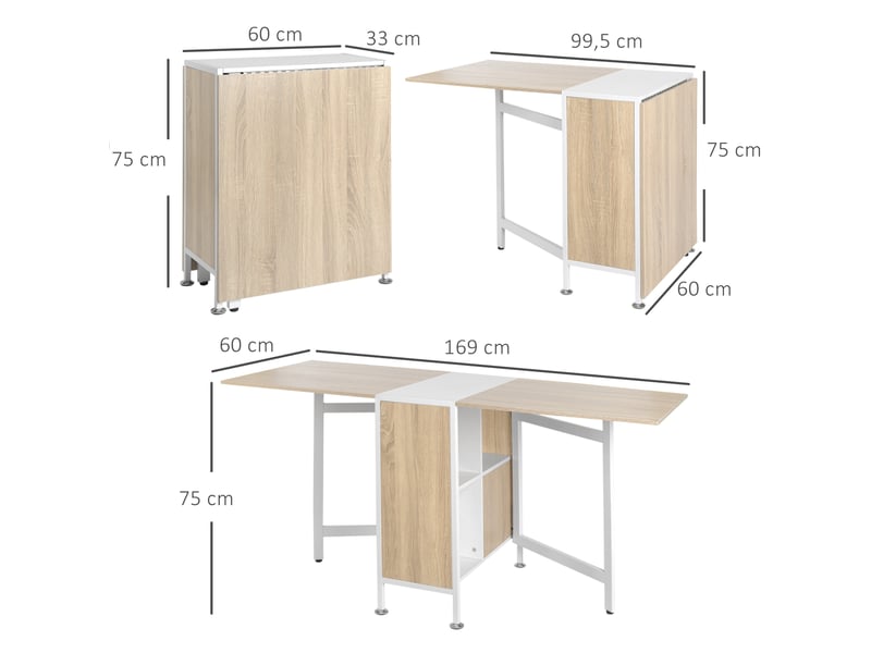  Table à manger pliante avec 4 étagères mdf et acier blanc et naturel 169 x 60 x 75 cm  - Conforama C