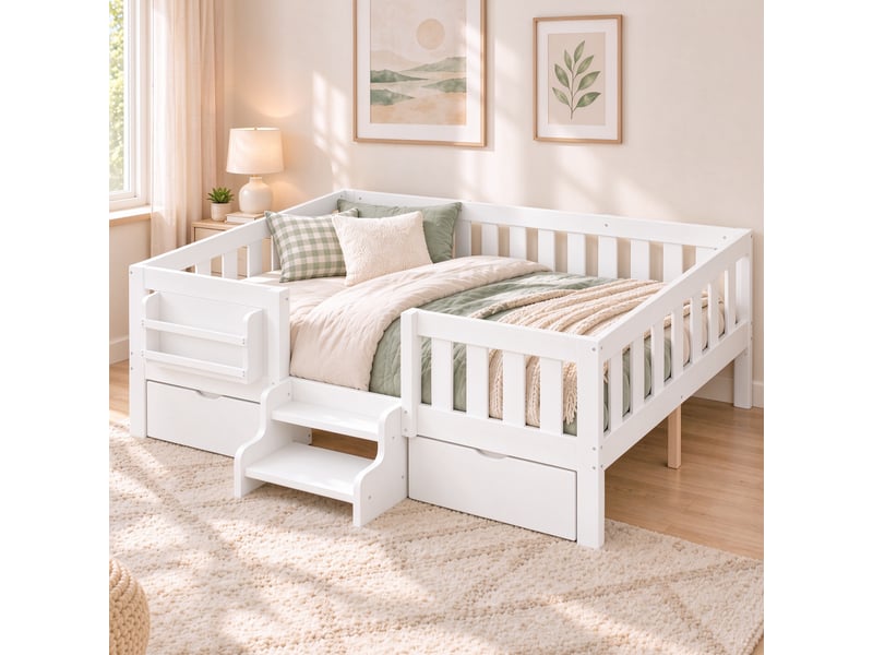  Lit enfant 140 x 200 cm avec barrières de sécurité, 2 tiroirs, bibliothèque, escalier 2 marches et sommier à lattes, bois et mdf, blanc OMNIGLINT TRADING LTD - Conforama E