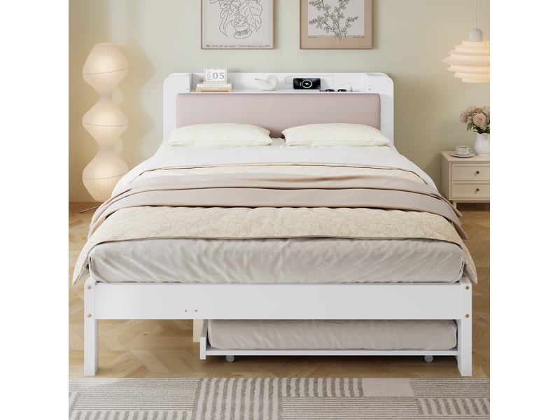 Lit avec couchage gigogne, 120x200 cm et 90x190 cm, rangement, tête de lit, matelas non inclus, bois, coloris blanc - Conforama D