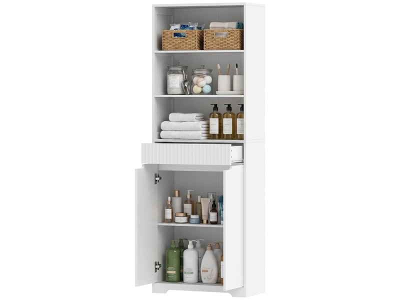  Armoire de salle de bain haute, 2 portes à fermeture amortie, tiroir, 3 compartiments ouverts et étagères réglables, blanche  - Conforama B