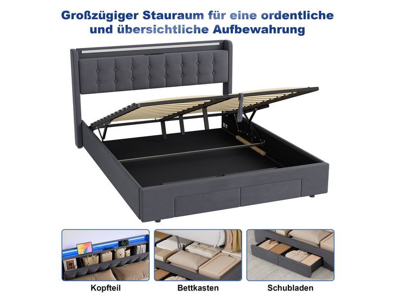  Lit rembourré ulevr 160x200 cm avec rangement, 2 tiroirs, port usb et éclairage led, velours gris foncé  - Conforama E