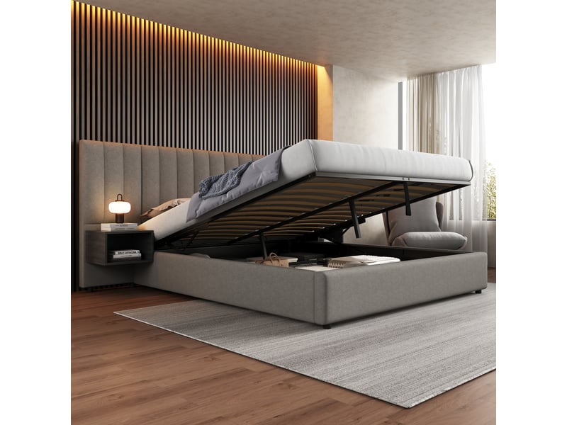  Lit coffre 180x200 lin grisnoir avec 2 tables de chevet et sommier bois  - Conforama D