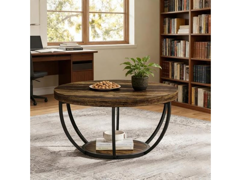Table basse ronde avec 2 niveaux de rangement, style moderne aux lignes épurées, en bois et métal, décor bois rustique - Conforama C