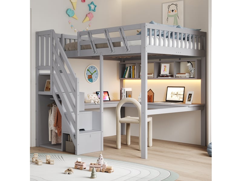  Lit mezzanine 140x200 cm avec bureau, escalier de rangement, led et usb, gris et blanc  - Conforama D