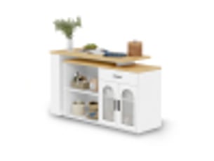 Îlot de cuisine blanc en mdf, plateau pivotant à 360°, format bar et buffet, rangement modulable, 136 × 50 × 78 cm