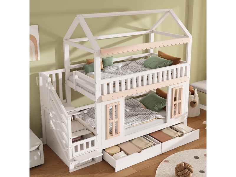 Lit superposé enfants 90x200 cm avec sommier à lattes, rangement tiroirs et escalier - Conforama E