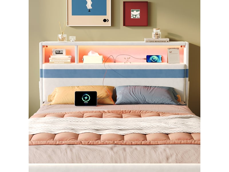  Lit rembourré pour enfants 140x200cm - avec 4 tiroirs - avec éclairage led et un port de charge usb - tissu velours - blanc + bleu (sans matelas)  - Conforama R
