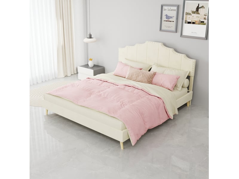  Lit 160x200 cm tête de lit géométrique, métal, beige sans matelas  - Conforama E