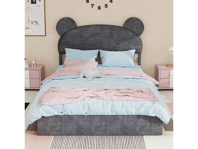  Lit enfant rembourré - tête de lit dessin animé - 140x200 cm - gris - rangement à gaz 90x200x133cm - Conforama C