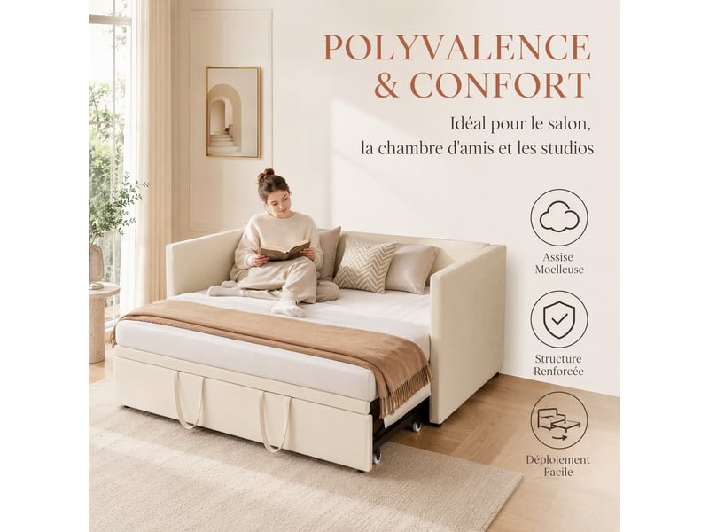  Lit gigogne 90x200 extensible 180x200 cm avec sommier à lattes, lit rembourré convertible, canapé lit convertible avec dossier, lit banquette, tissu velours sans matelas, beige  - Conforama R