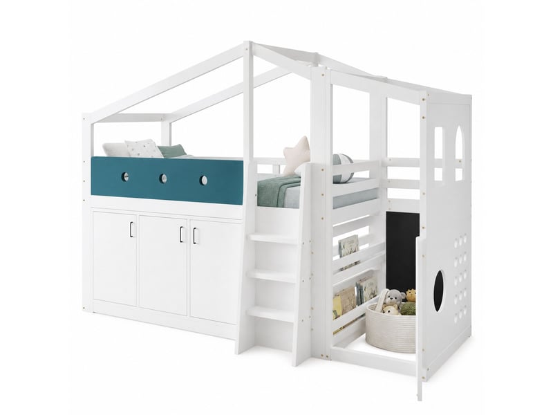 Lit mezzanine 90 × 200 cm avec armoire de rangement, espace de jeu et échelle pour chambre 256,5 × 110 × 190 cm - Conforama A