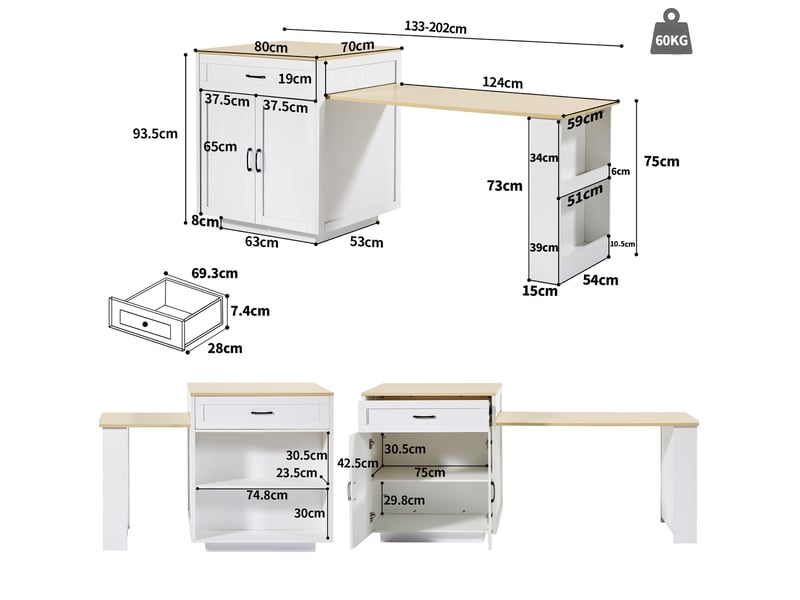  Îlot de cuisine extensible 133-202 x 70 cm avec rangements et roulettes, blanc  - Conforama C