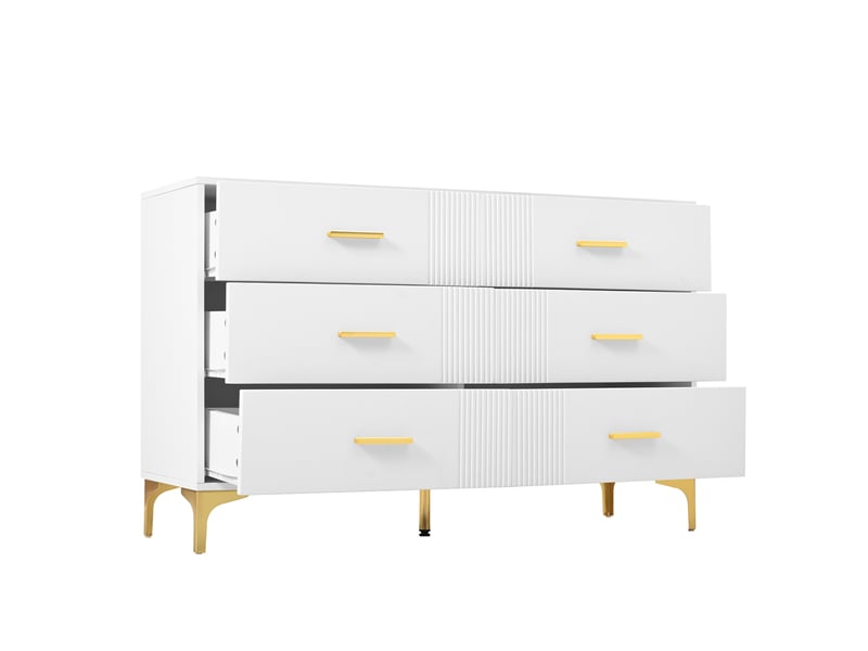  Commode 6 tiroirs 120 x 40 x 76 cm, surface rainurée élégante, pieds surélevés anti-humidité, mdf, blanc  - Conforama E