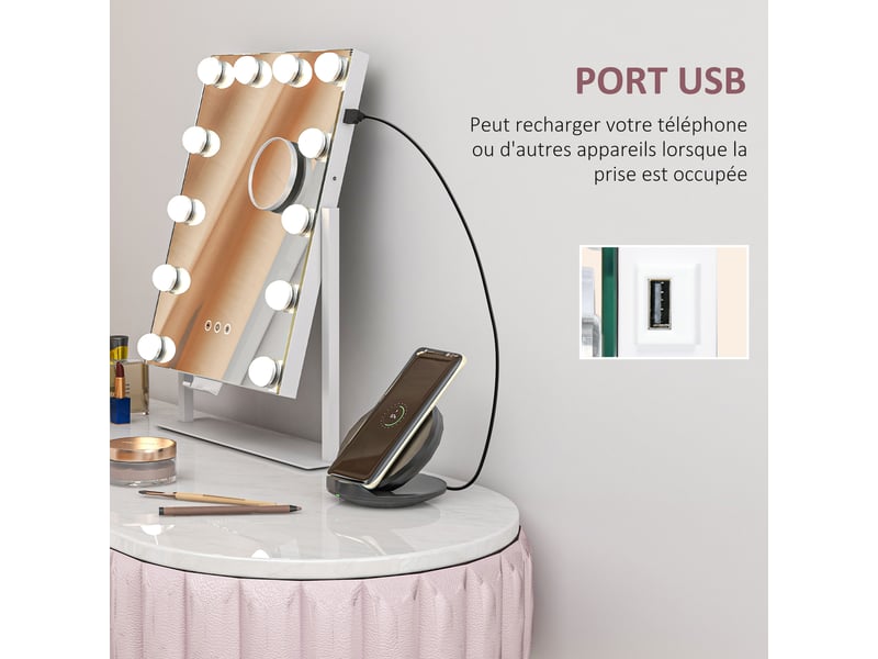Miroir hollywood avec led 12 ampoules, luminosité réglable, rotation à 360°, grossissement 10x, blanc, touche tactile - Conforama E
