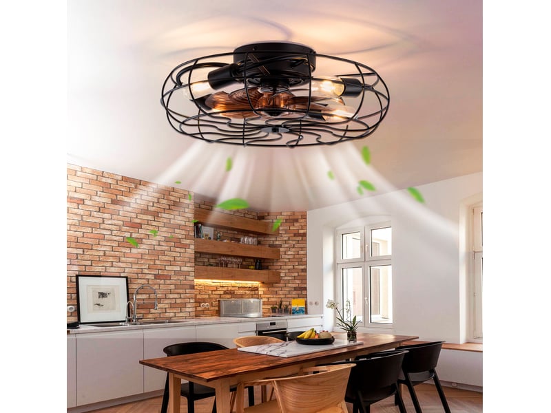  Ventilateur de plafond cage 19 pouces avec lumière, moteur dc réversible, télécommande, noir et noyer  - Conforama B