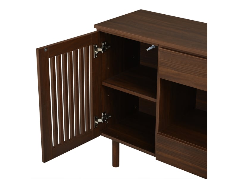  Buffet bas 140 cm en mdf bois foncé, 4 tiroirs et 2 portes à lamelles, rangement de style scandinave  - Conforama D
