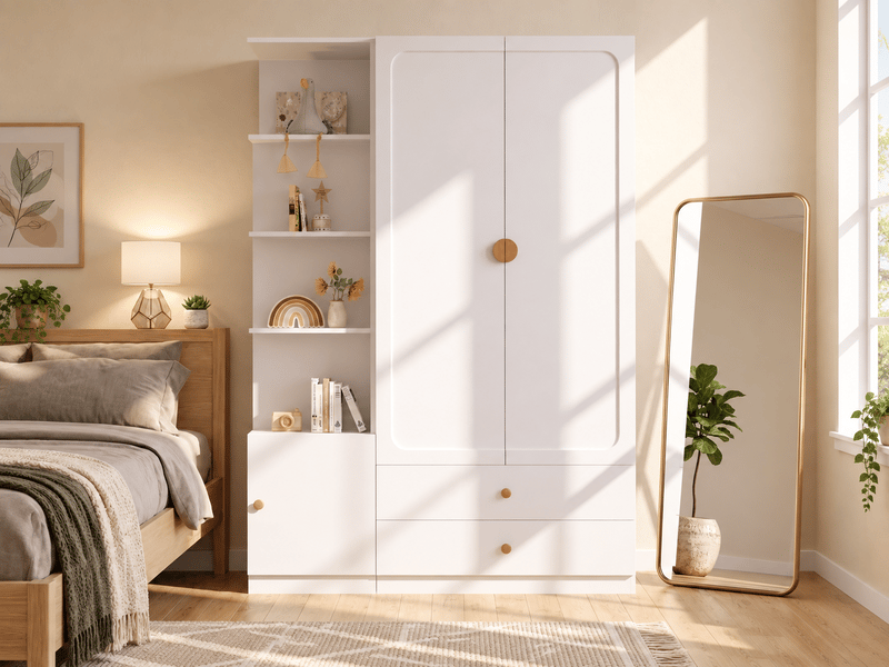  Armoire modulable 3 portes, 2 tiroirs, 2 penderies et module latéral réversible, 135 × 45 × 200 cm, blanche pour chambre  - Conforama B