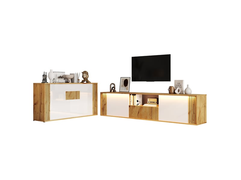  Ensemble meuble tv 180x40x51 cm et buffet 140x35x71 cm mdf blanc et bois naturel  - Conforama A