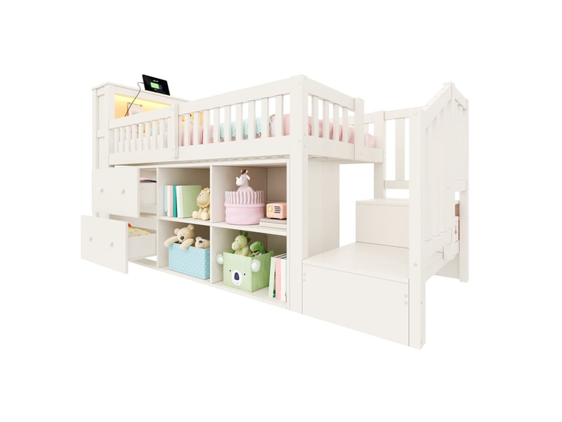  Lit mezzanine enfant 90 × 200 cm 1 place avec bureau, rangements, led réglable et ports usb, sans matelas, blanc  - Conforama A