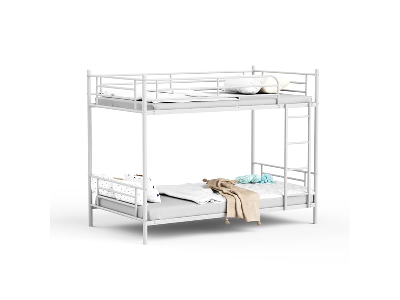  Lit superposé 90x190 cm, structure métallique, coloris blanc, escalier sécurisé, garde-corps, conception fonctionnelle, gain de place optimisé  - Conforama A