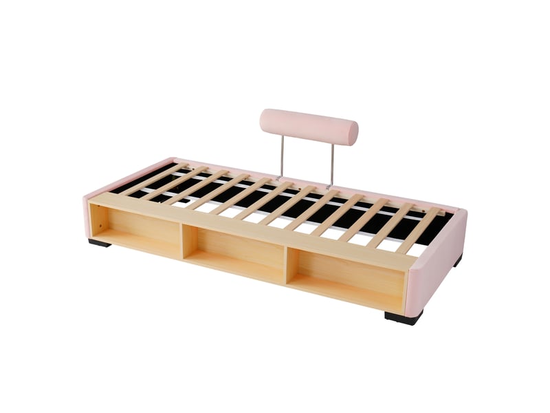  Lit enfant rose capitonné, lit junior avec étagère latérale led, espace de rangement ouvert, têtes de lit modulables et fixables sur 3 côtés, lit bas pour chambre d'enfant, 90 x 200 cm  - Conforama E