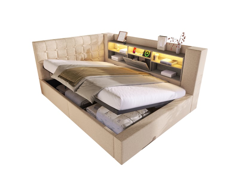  Lit 140x190 cm avec coffre hydraulique, tête en l réversible, rangements et led intégrés, lin beige, sans matelas  - Conforama A