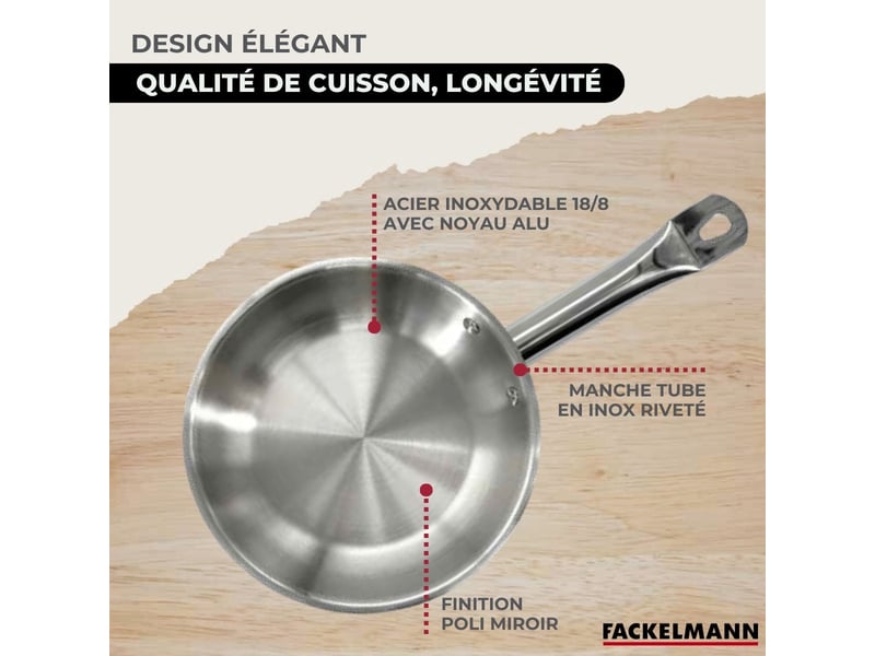 Set 1 poêle 20 cm en inox et 1 couvercle verre, 3 faitouts inox 16, 20 et 24 cm fackelmann eterna 9351350B - Conforama F