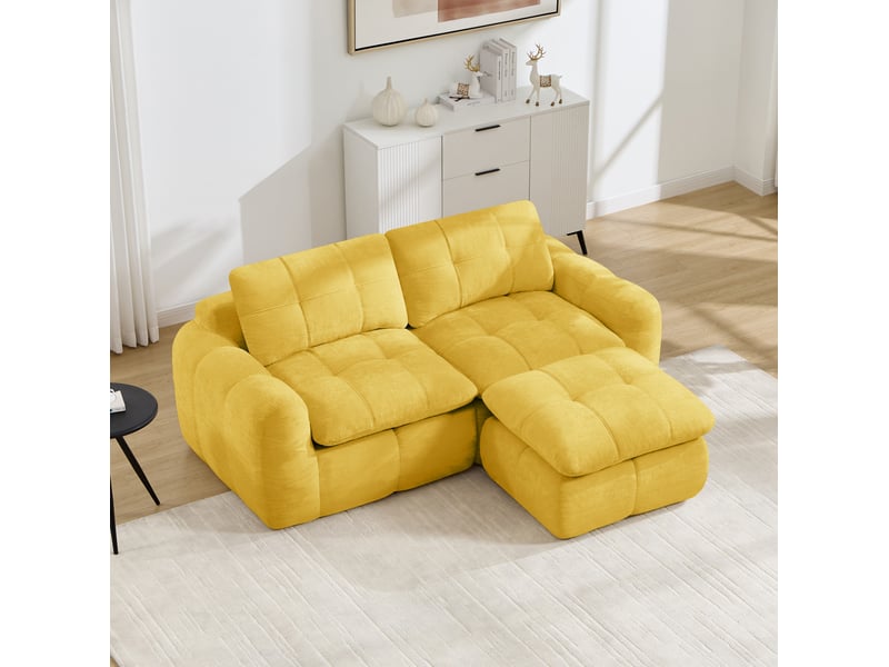  Canapé d’angle modulable 2 places 194x160x68cm, sans montage, design à carreaux, ottomane incluse, chenille, jaune  - Conforama B