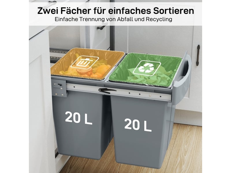 Poubelle encastrable coulissante 52 x 33,5 x 41 cm – grise – 2 bacs amovibles de 20 l, tri des déchets - Conforama E