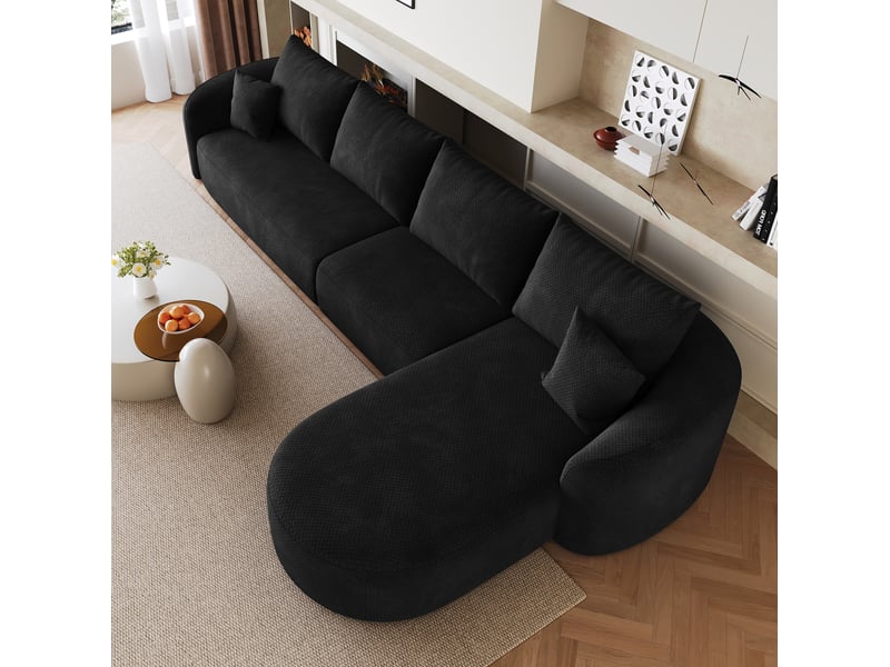  Canapé d’angle droit modulable 5 places en chenille noire 336x168x85 cm  - Conforama D
