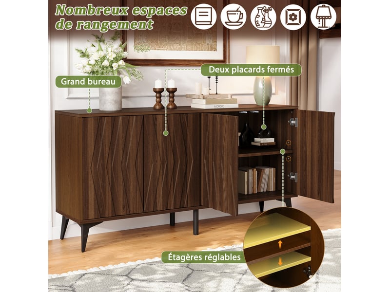  Buffet bas de rangement 140x35x70 cm, 4 portes, 2 tablettes réglables, mdf et panneau de particules, bois noyer  - Conforama E