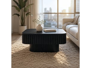 Table basse carrée cannelée noire 75 cm, placage bois massif, rangement caché