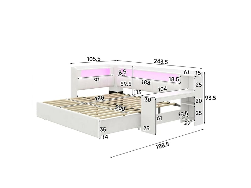 Lit de jour extensible gigogne 90x200 à 180x200 avec bureau led usb blanc - Conforama E