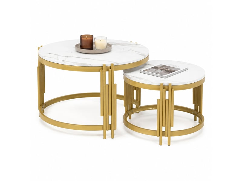 Lot de 2 tables basses rondes gigognes en mdf effet marbre blanc et métal doré - Conforama A