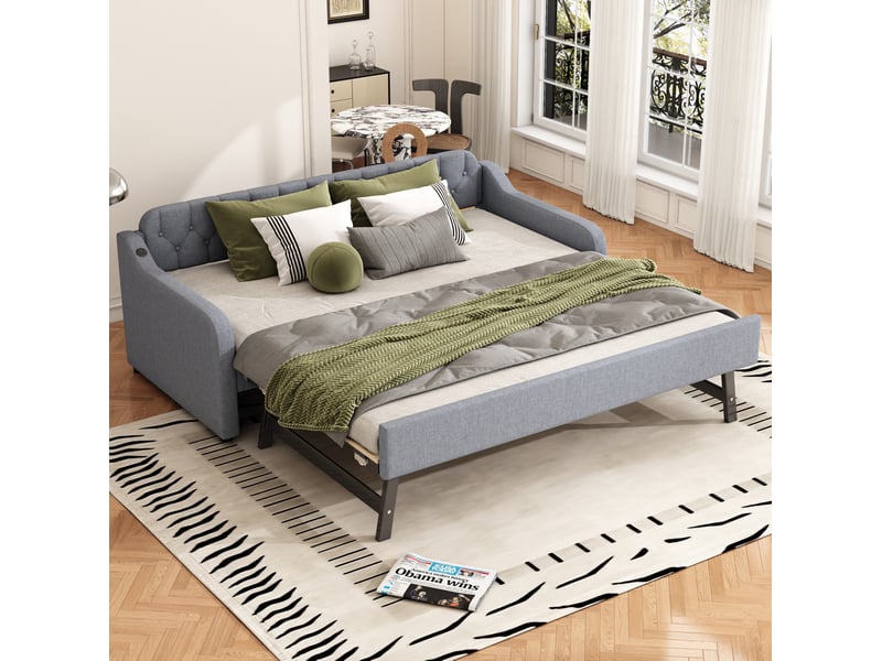  Lit gigogne 90x200 cm convertible en canapé avec port usb, revêtement en lin gris  - Conforama C
