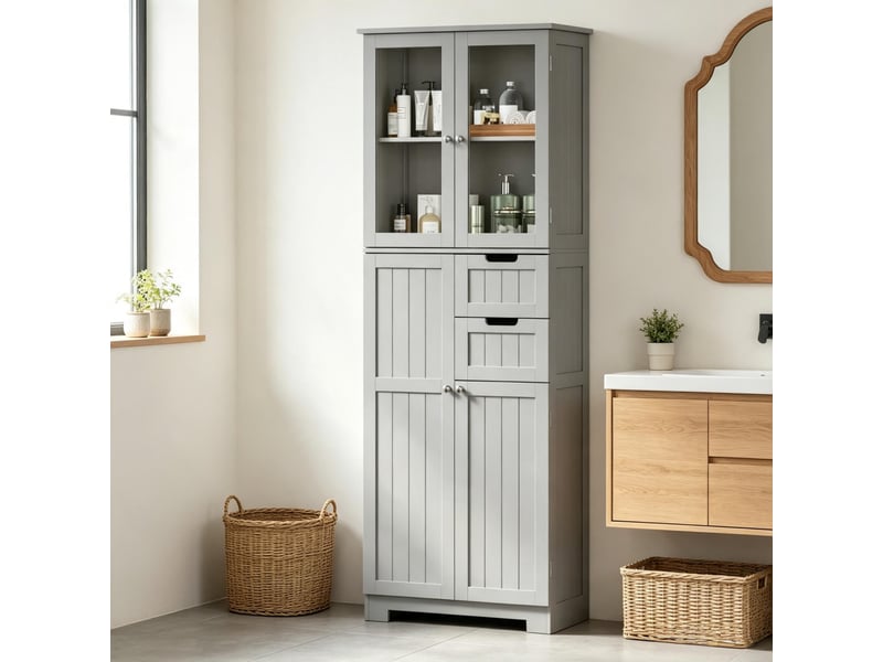 Colonne salle de bain sur pied, 4 portes dont 2 vitrées, 2 tiroirs, étagères réglables - Conforama D