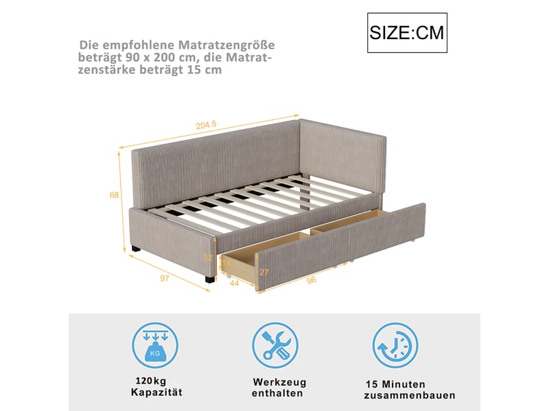  Lit banquette 90x200 cm en velours gris, 2 grands tiroirs de rangement et sommier à lattes  - Conforama C