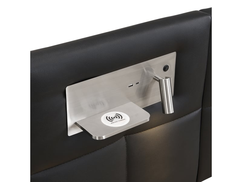 Lit adulte 180x200cm, lit double lit coffre avec lampe, tête de lit et sommier, rangement, charge, pu noir, sans matelas - Conforama R
