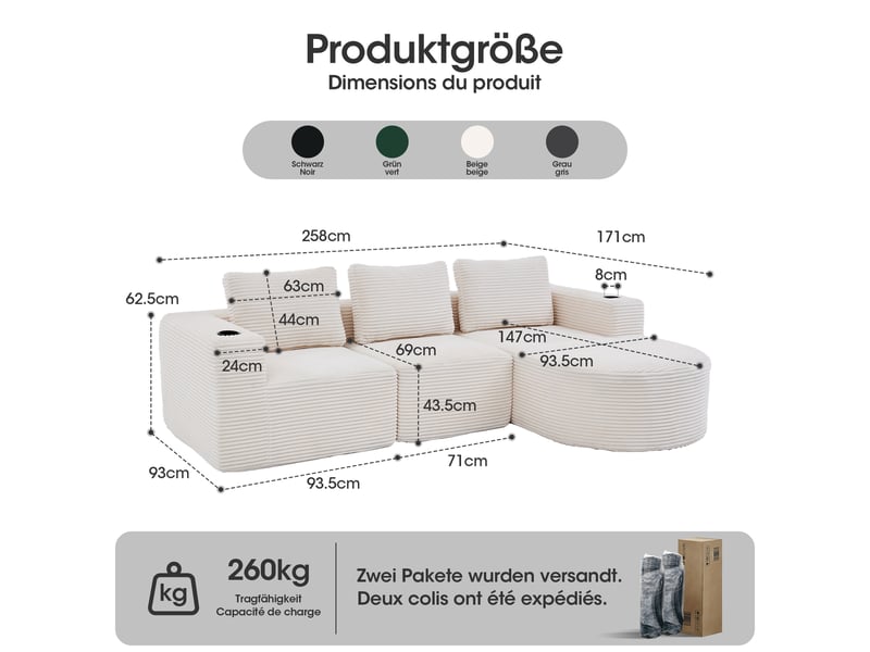  Canapé 2 places, canapé de salon — 265 cm, pour appartement, pour salon, porte-gobelets  - Conforama R