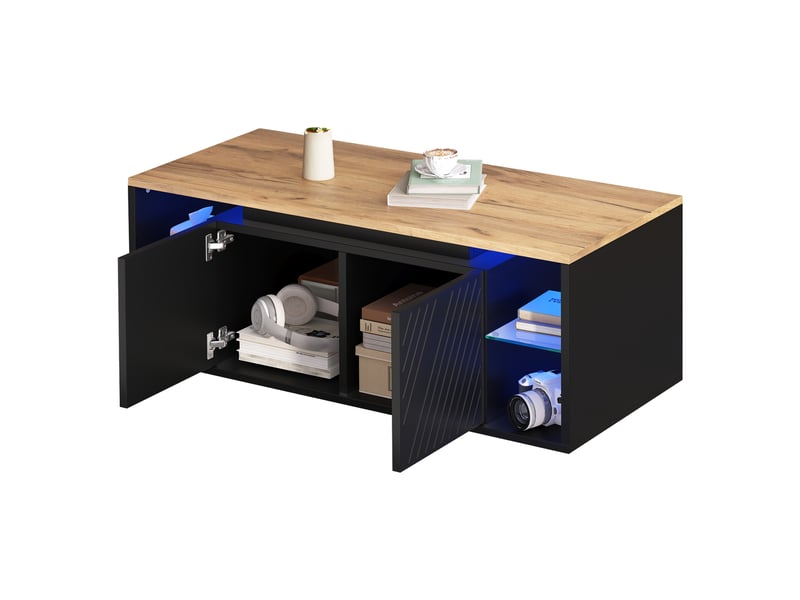  Table basse 100x50x41 cm noire avec led, 2 portes à motif diagonal et rangement semi-ouvert Fay Lum - Conforama A