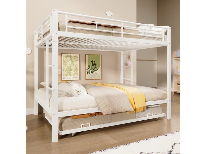  Lit superposé 140 x 200 cm avec lit gigogne 90 x 190 cm, cadre en métal blanc pour chambre partagée  - Conforama R