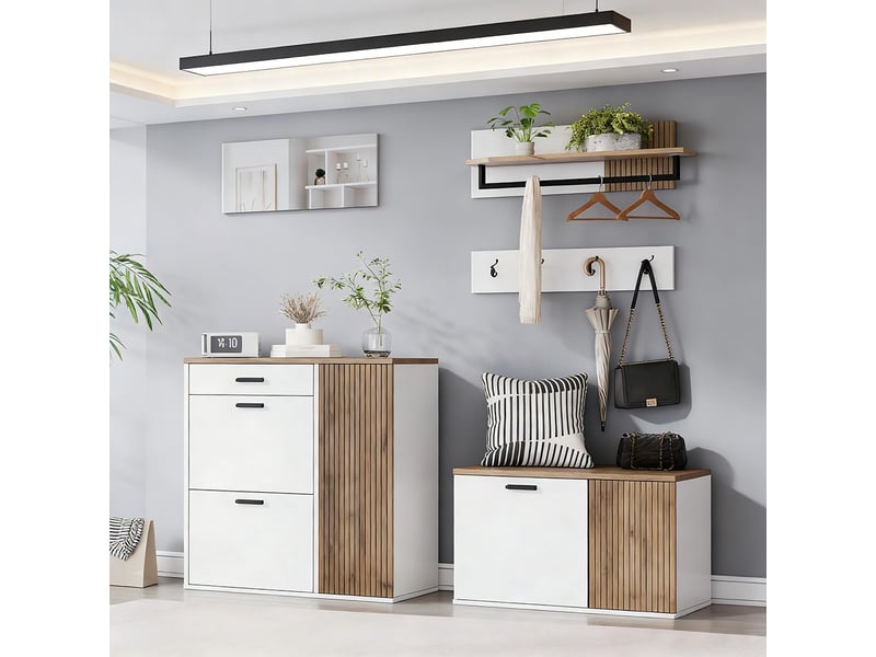 Ensemble meuble à chaussures portemanteau 5 pièces armoire banc miroir étagère suspendue panneau 4 crochets pour couloirs entrées salons  - Conforama D