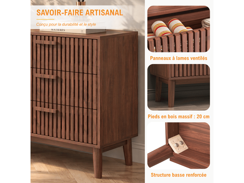  Commode 6 tiroirs en bois à panneaux à lames, commode basse de rangement - style scandinave et luxe, meuble à tiroirs pour chambre adulte, dressing et bureau, finition chêne ou noyer  - Conforama D