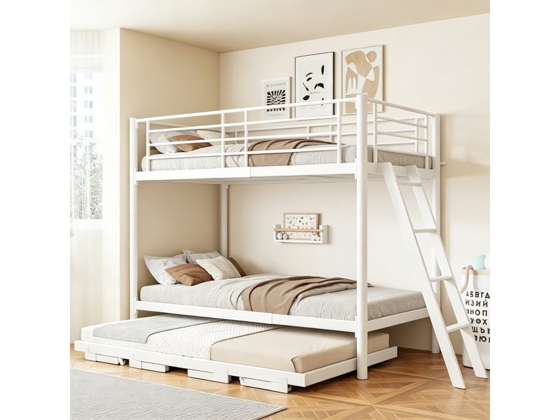 Lit superposé métal 90 x 200 cm avec lit gigogne, couchage d’appoint extractible, gain de place, blanc ABC - Conforama E
