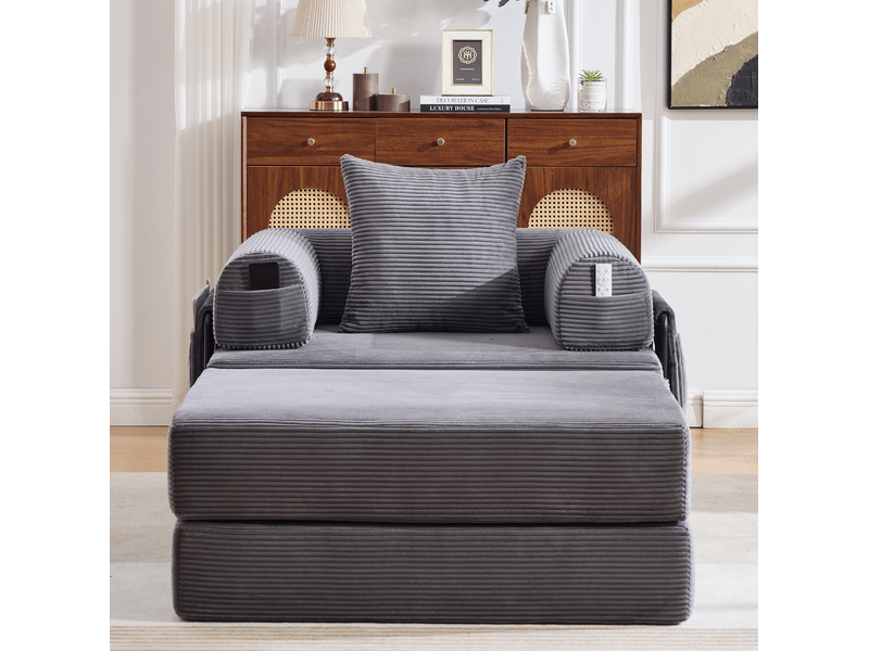  Repose-pied convertible avec couchage d'appoint, mousse épaisse et design modulable en velours côtelé gris foncé  - Conforama C