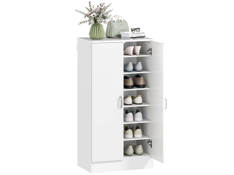  Meuble à chaussures avec charnières amorties et étagères réglables à 6 niveaux pour couloir entrée pour 14 paires 55 x 35 x 108 cm en bois blanc  - Conforama A