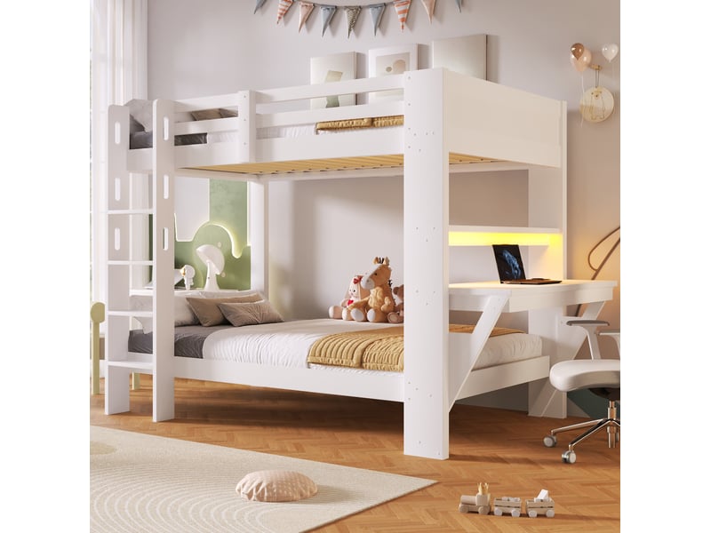  Lit superposé 90 × 200 cm avec bureau, étagères ouvertes, prises usb et usb-c, éclairage led, en pin et mdf blanc  - Conforama D