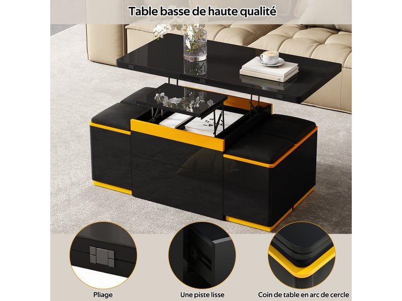Table basse relevable avec tiroir, niches ouvertes et 4 tabourets de rangement pour salon, 100 × 50 × 43 cm - Conforama E